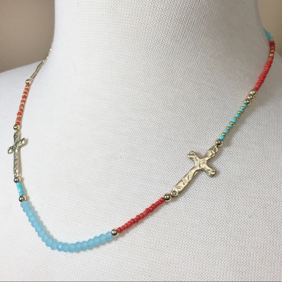Red Aqua Blue Gold Sideway Cross Necklace Set - Picture 2 of 3